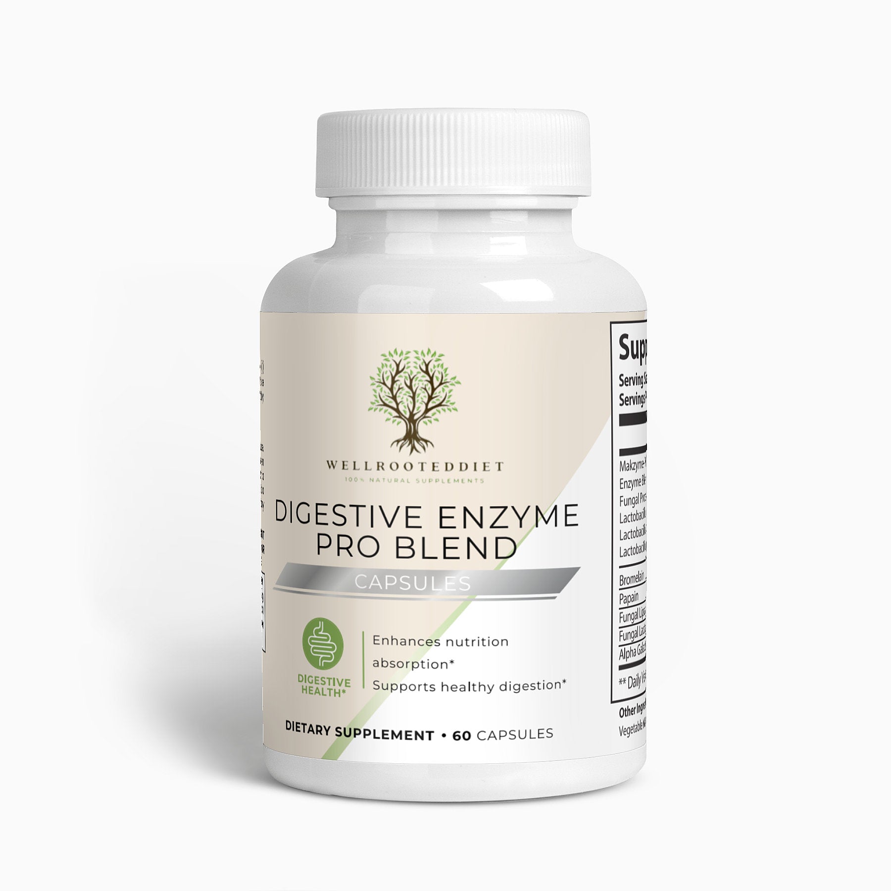 A bottle of Digestive Enzyme Pro Blend capsules by Wellrooted Diet, with a label depicting a tree and text indicating the product's purpose for enhancing nutrient absorption.