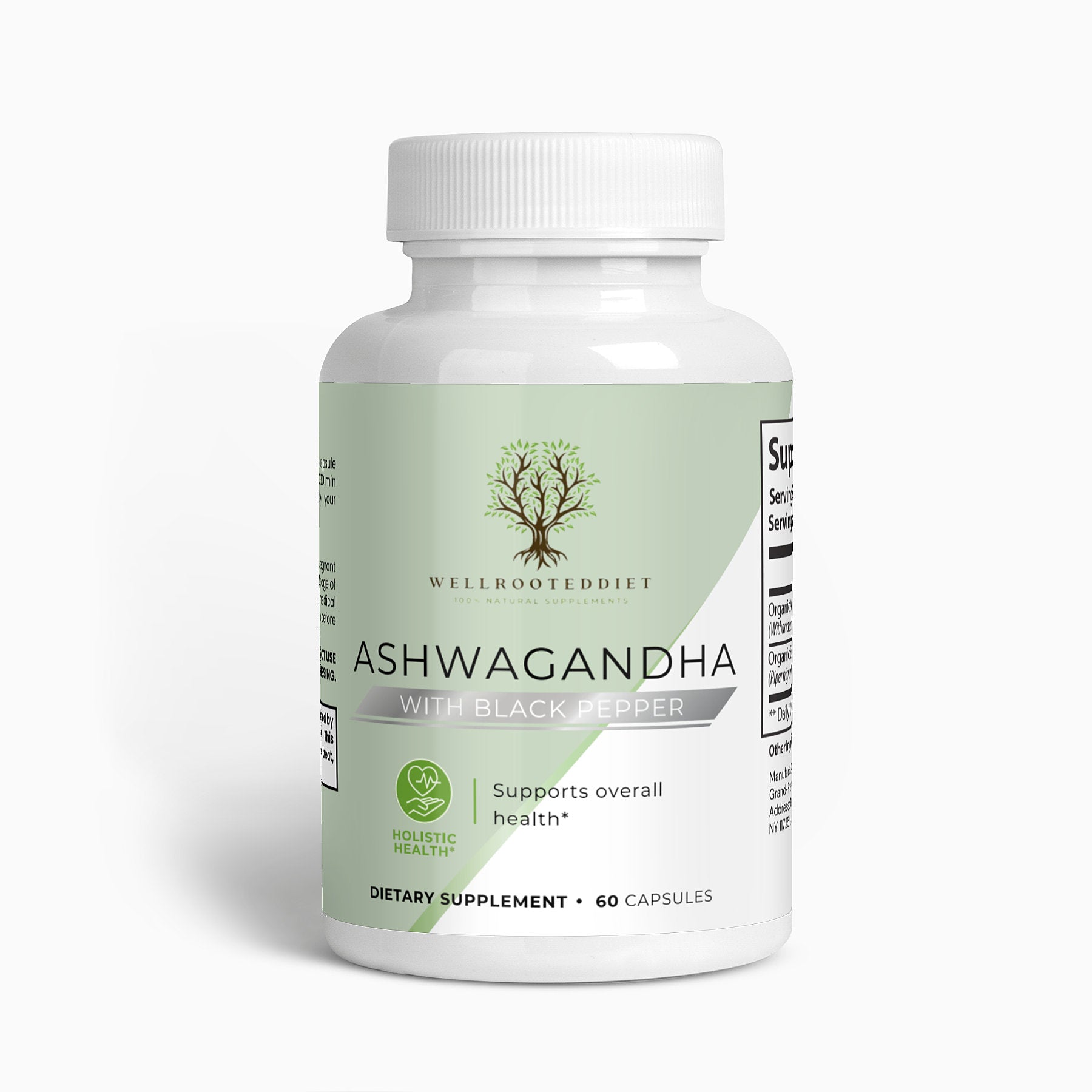 A bottle of 'Ashwagandha with Black Pepper' dietary supplement capsules by Wellrooted Diet, with a white label, green and white text, and an image of a tree in the corner.
