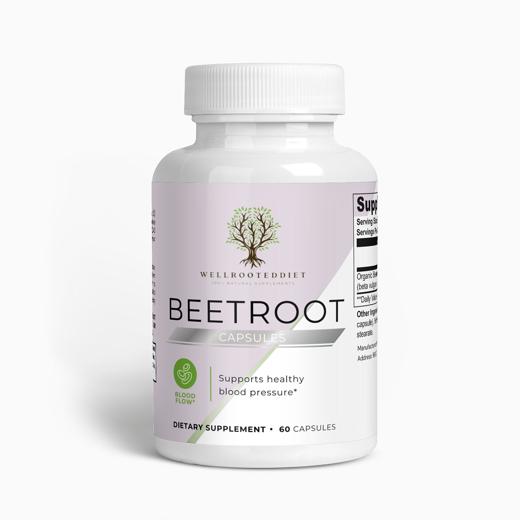 A bottle of 'Wellrooteddiet Beetroot capsule', supporting healthy blood pressure, with a label that includes a tree graphic and text indicating the product contains 60 capsules.