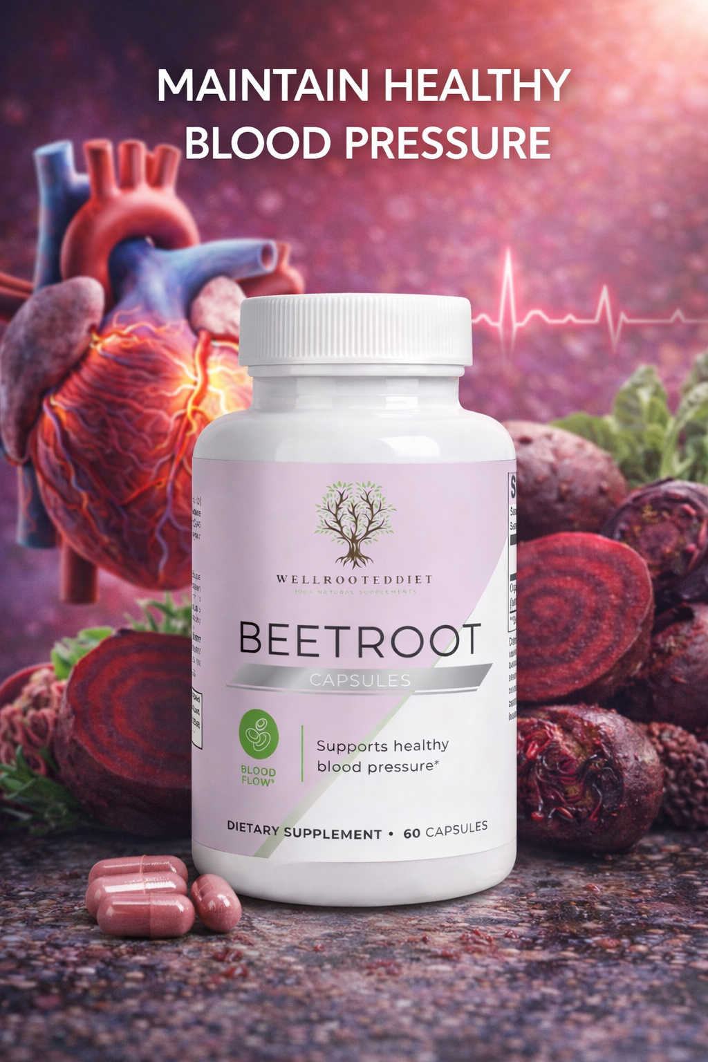 Beetroot supplement bottle with heart and beetroot graphics on a dark background