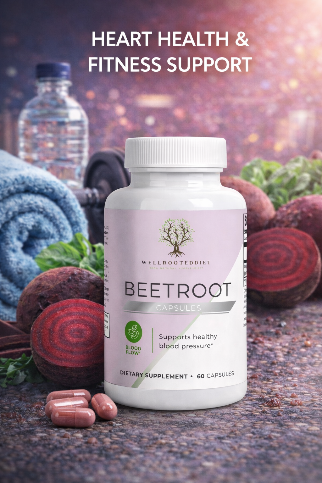 Beetroot supplement bottle with beetroot and water bottle on a textured surface