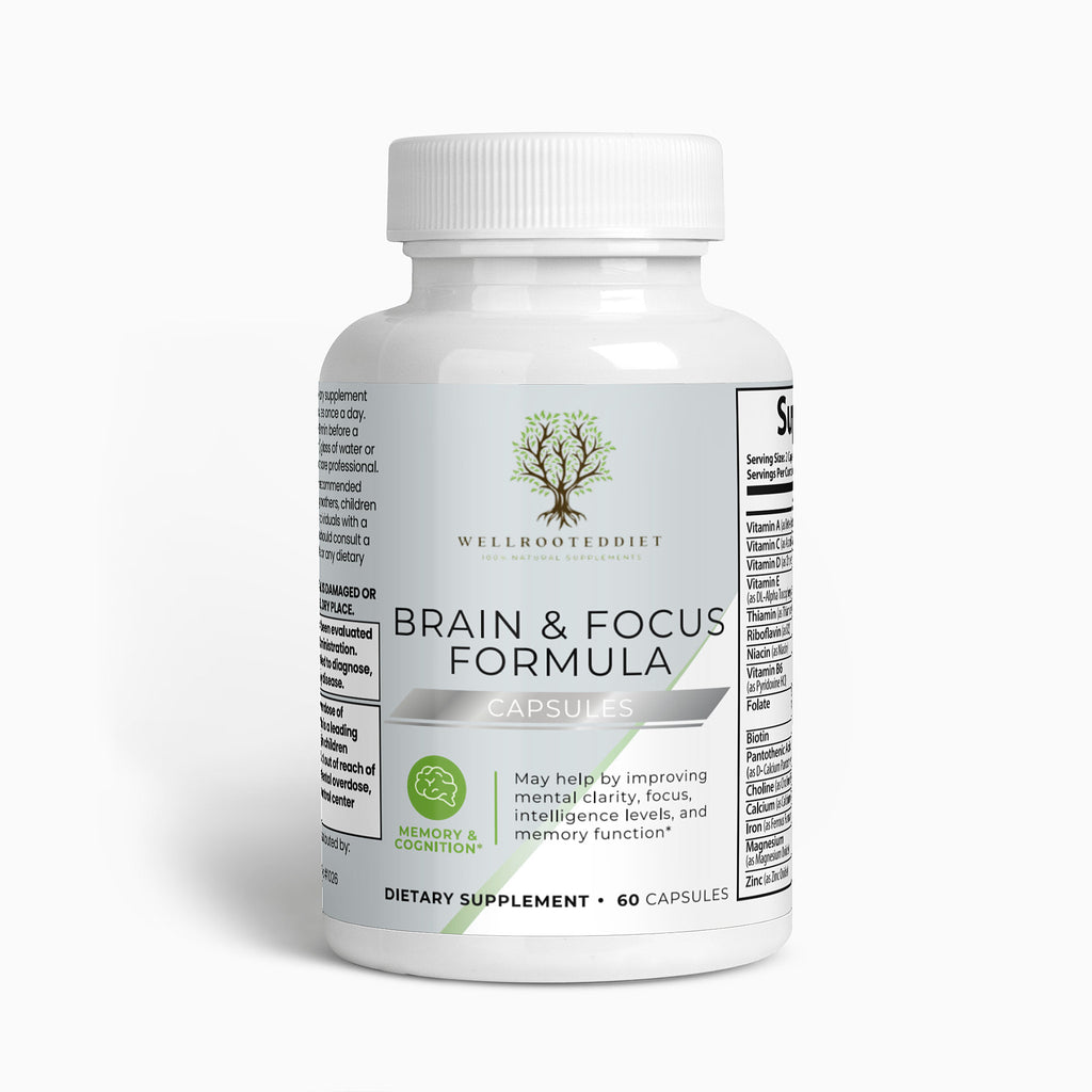 A bottle of 'Wellrooted Nootropic Brain & Focus Formula Capsules', which is intended as a dietary supplement to support cognitive function, with 60 capsules inside. The label includes the brand logo, product name, and a brief description.