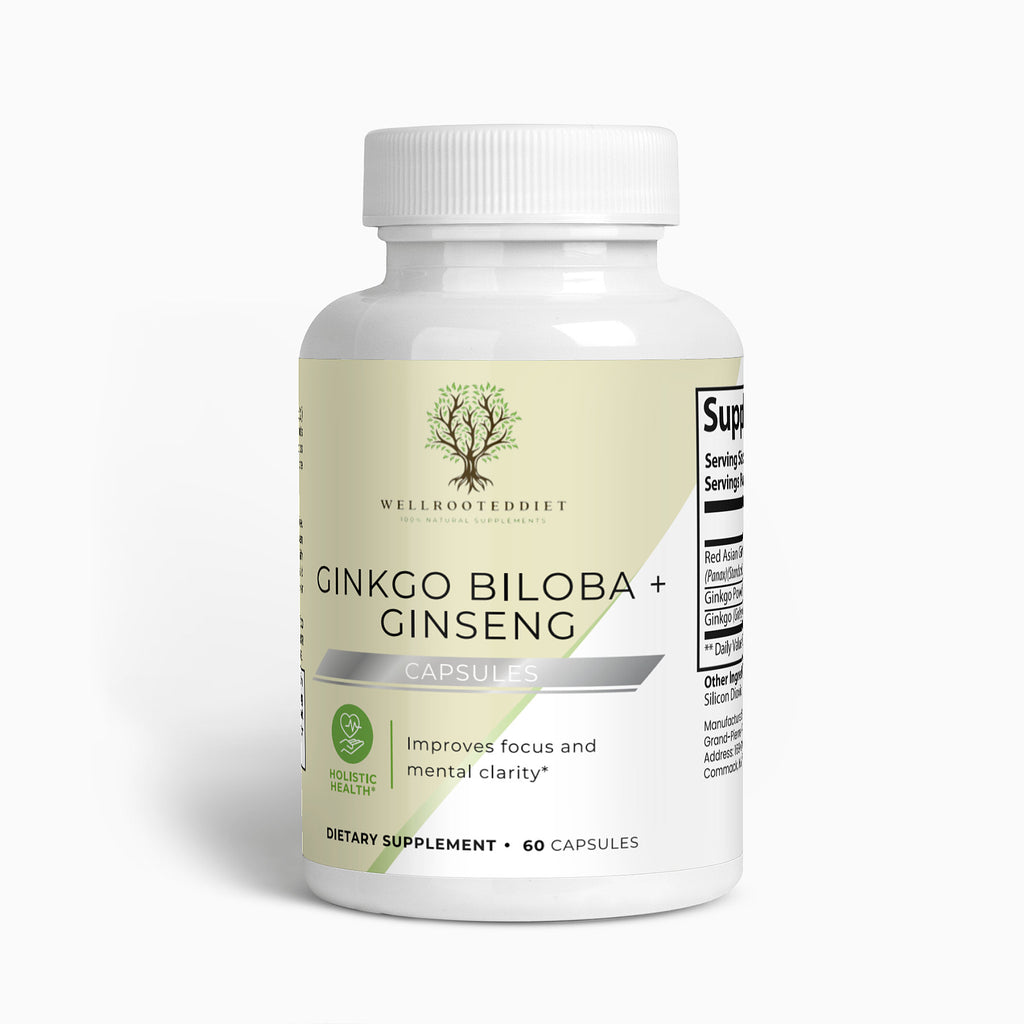 A bottle of 'Ginkgo Biloba + Ginseng' dietary supplement capsules with a white and green label, 60 capsules indicated.