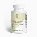 A bottle of 'Ginkgo Biloba + Ginseng' dietary supplement capsules with a white and green label, 60 capsules indicated.