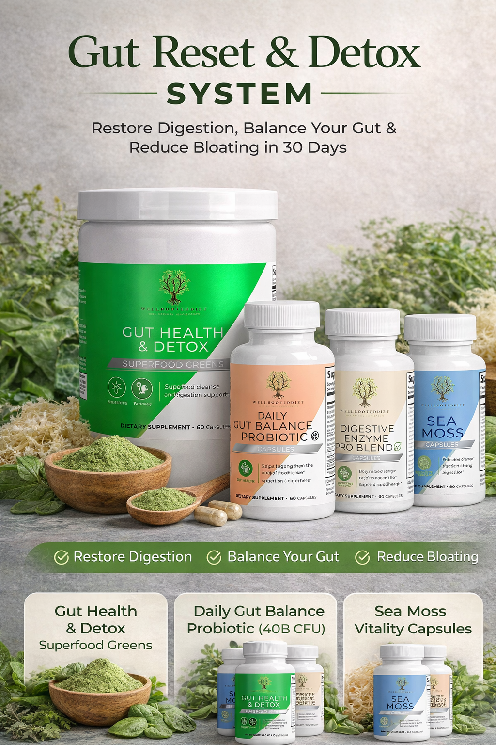 Gut health products including a green container, white bottles, and a bowl of greens on a natural background.