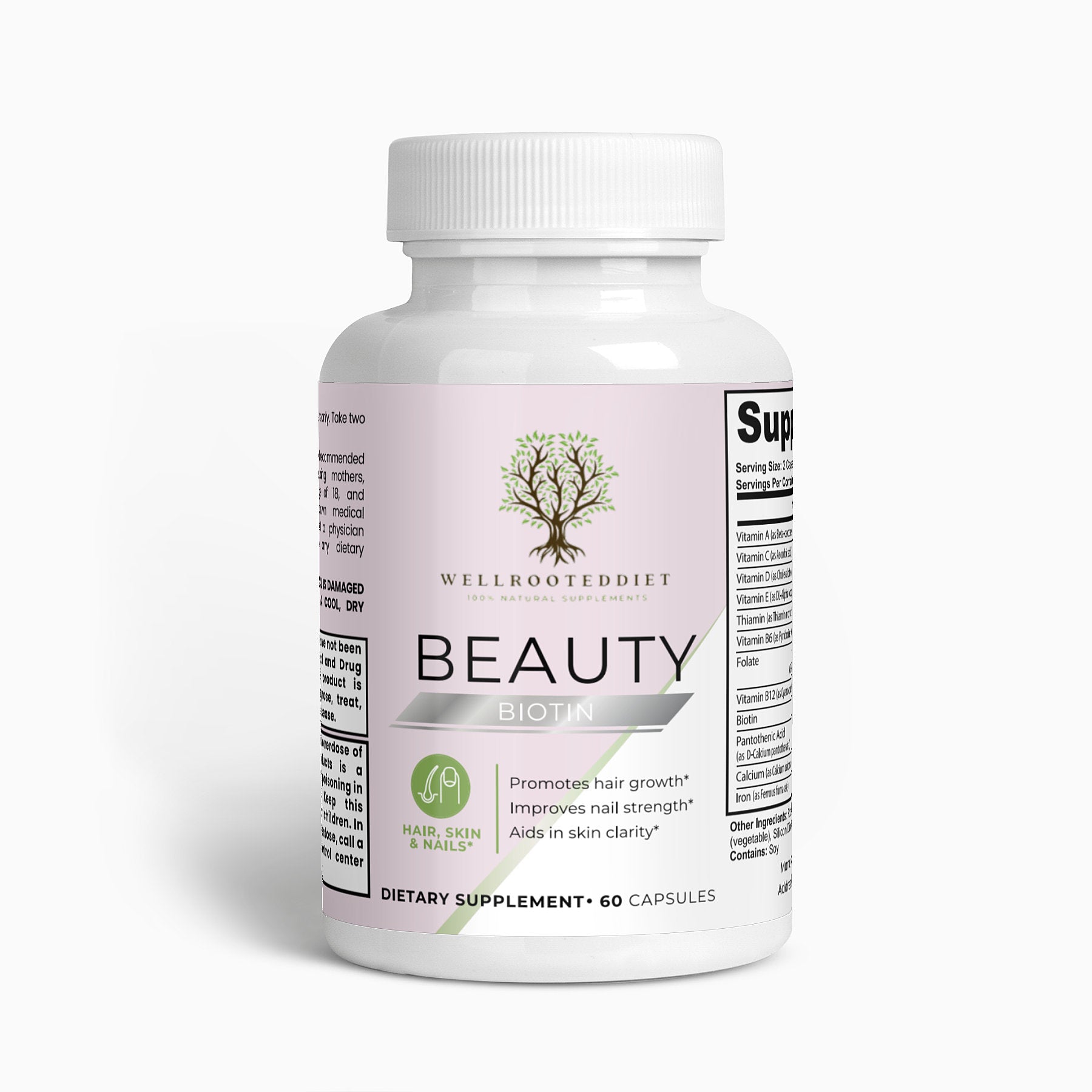 A bottle of 'Wellrooted Diet Beauty Biotin' dietary supplement with a white cap and label featuring the brand logo, product name, and additional information.