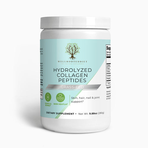 A container of Wellrooteddiet Hydrolyzed Collagen Peptides, grass-fed, unflavored, with a label indicating support for skin, hair, nails, and joints.