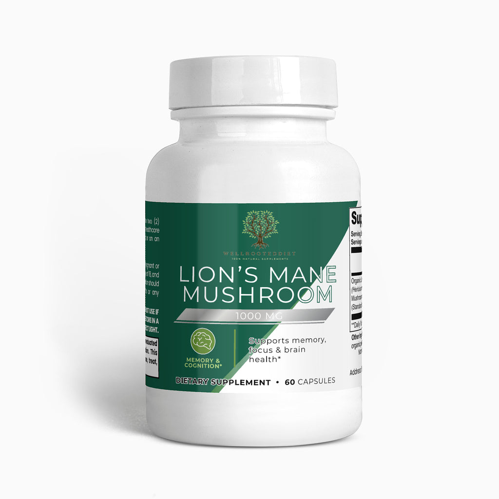 Bottle of Lion's Mane Mushroom supplement on a white background