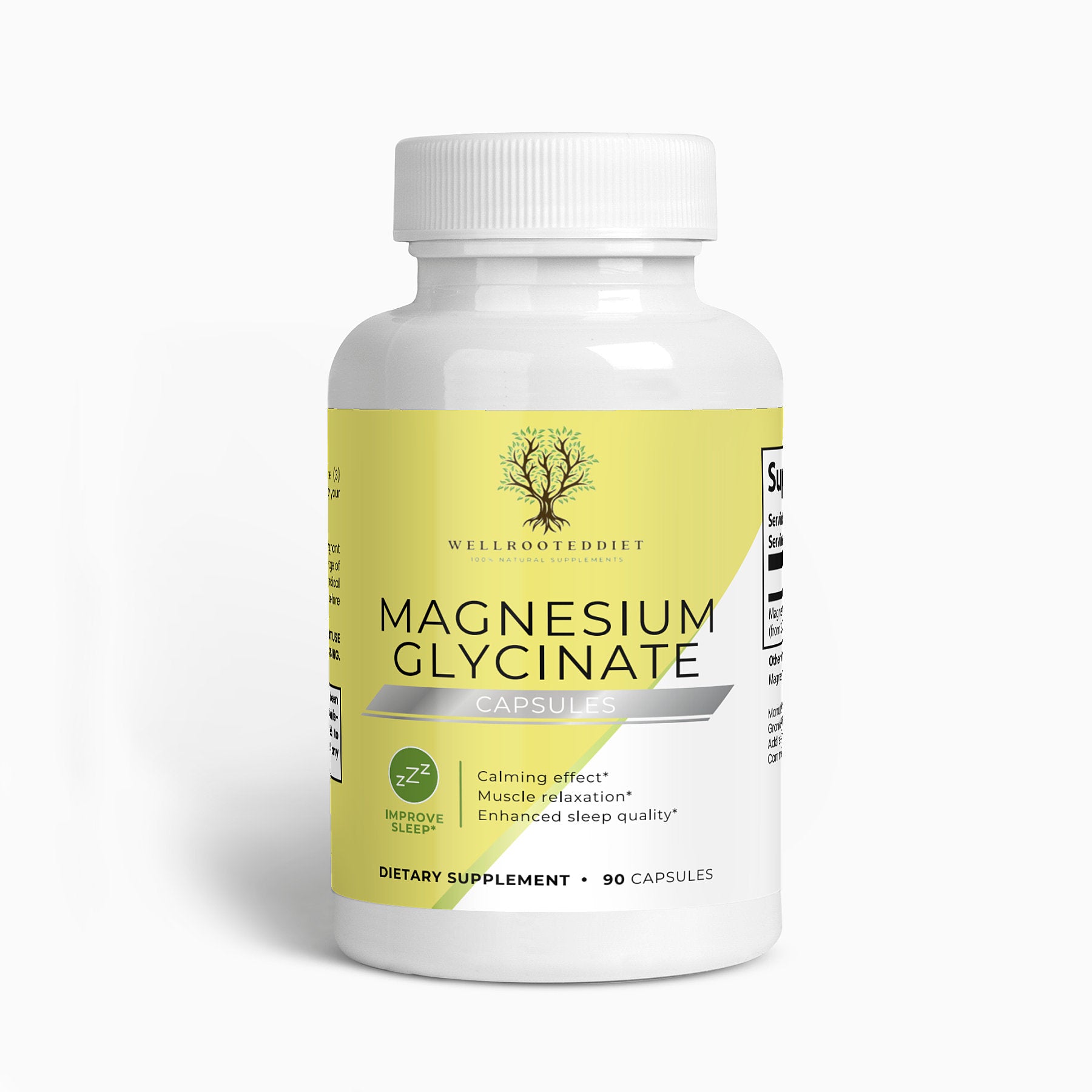 A bottle of Magnesium Glycinate capsules by Wellrooted, with the label showing the product name and the fact that it contains 90 capsules.