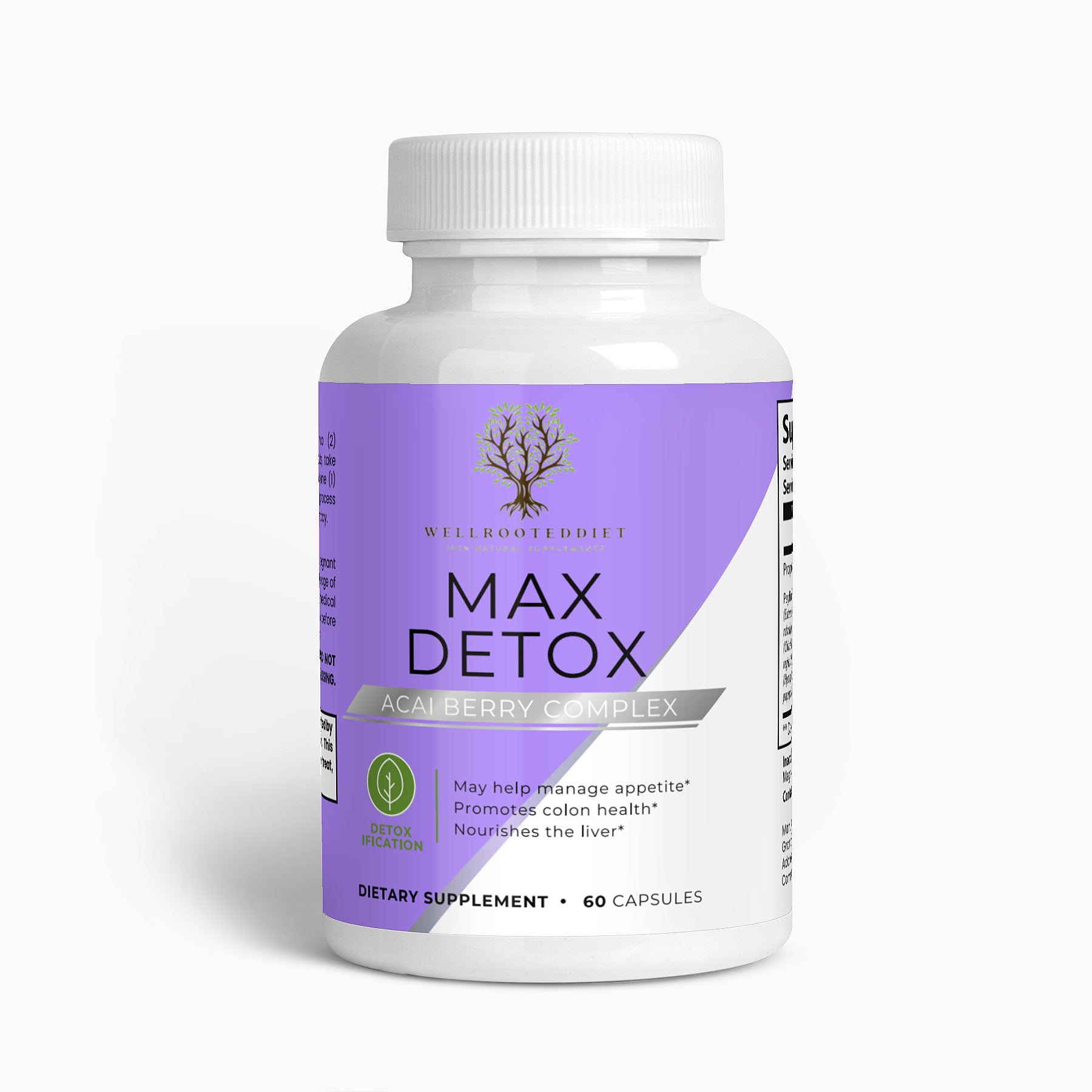 A bottle of 'Max Detox' dietary supplement by Wellrooted, featuring acai berry complex and listed as a vegetarian product with 60 capsules.