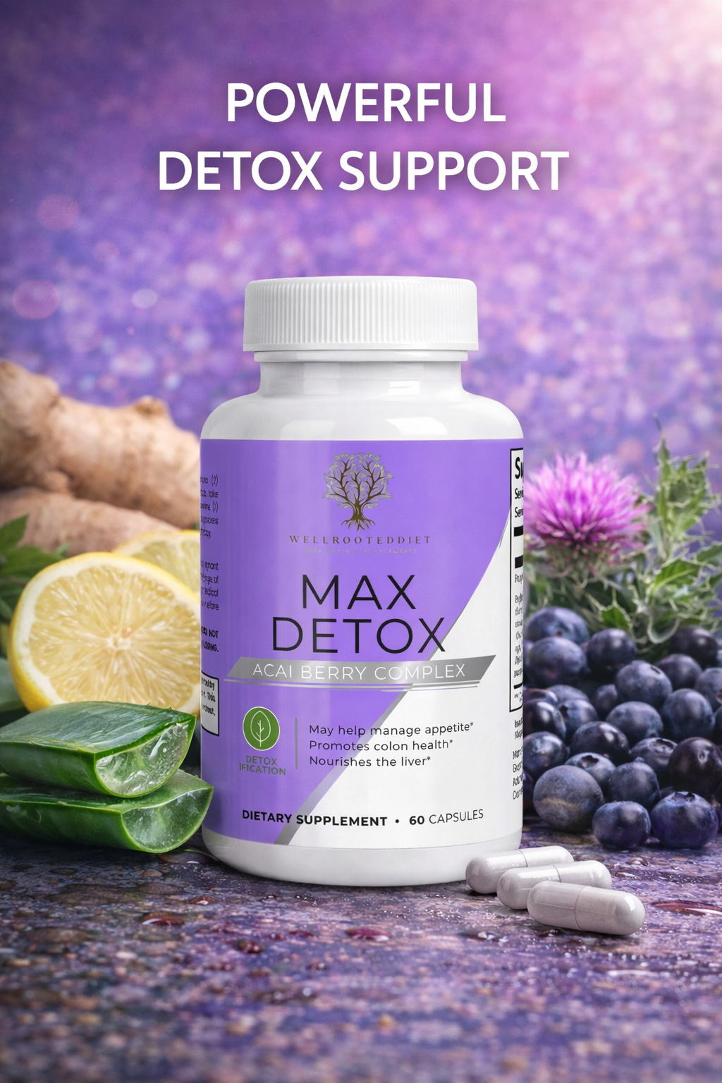 Max Detox supplement bottle with natural ingredients on a purple background