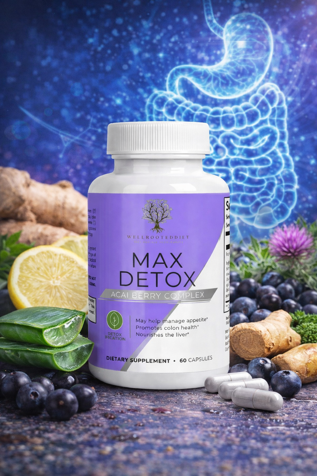 Max Detox supplement bottle with natural ingredients on a dark background