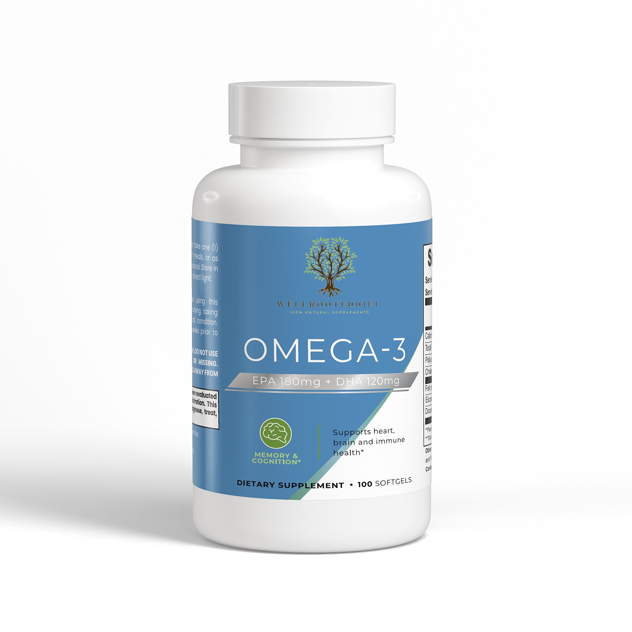 Omega-3 dietary supplement bottle with blue label on a white background