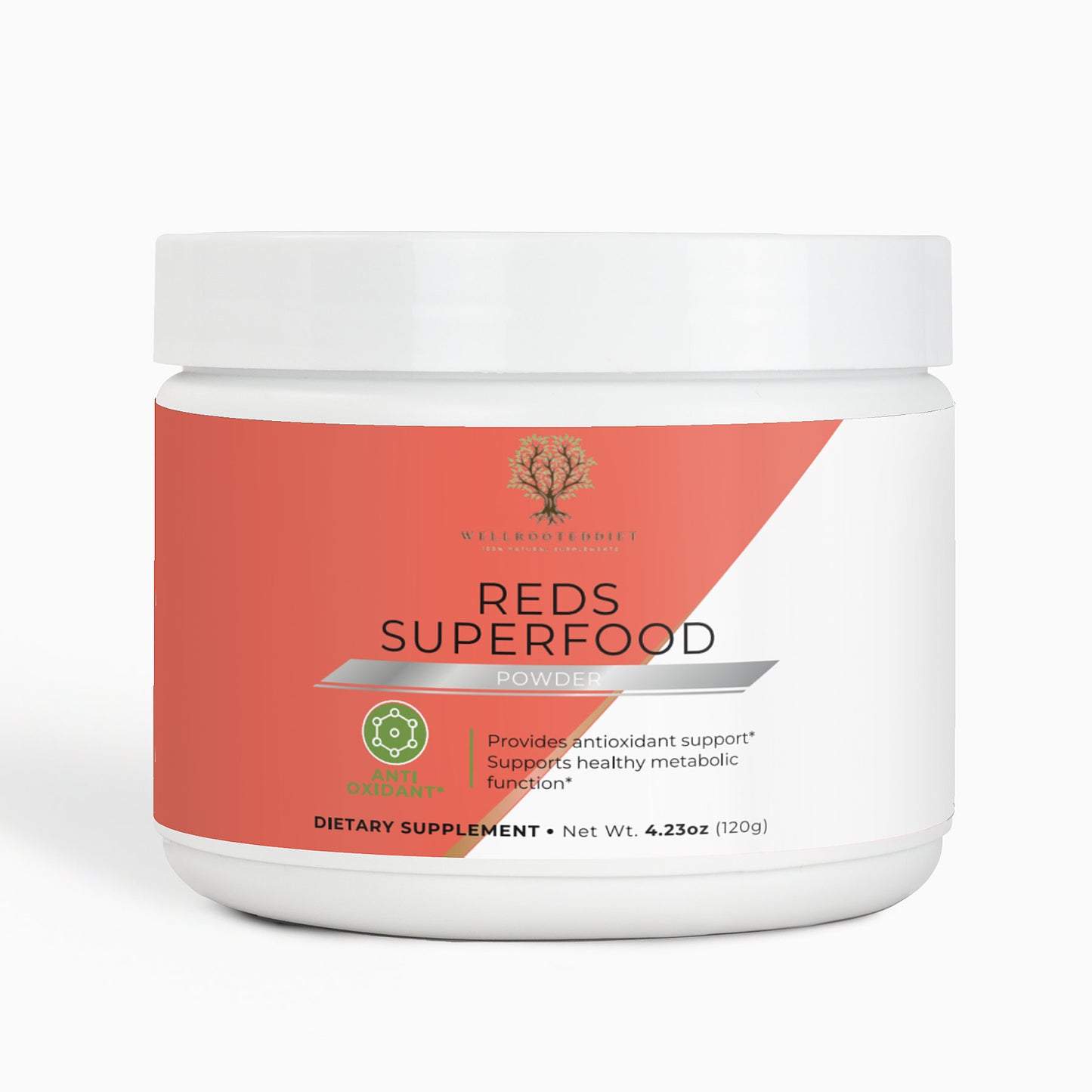 A container of Reds Superfood dietary supplement by Wellrooted, with a red and white label, indicating it is a plant-based formula.