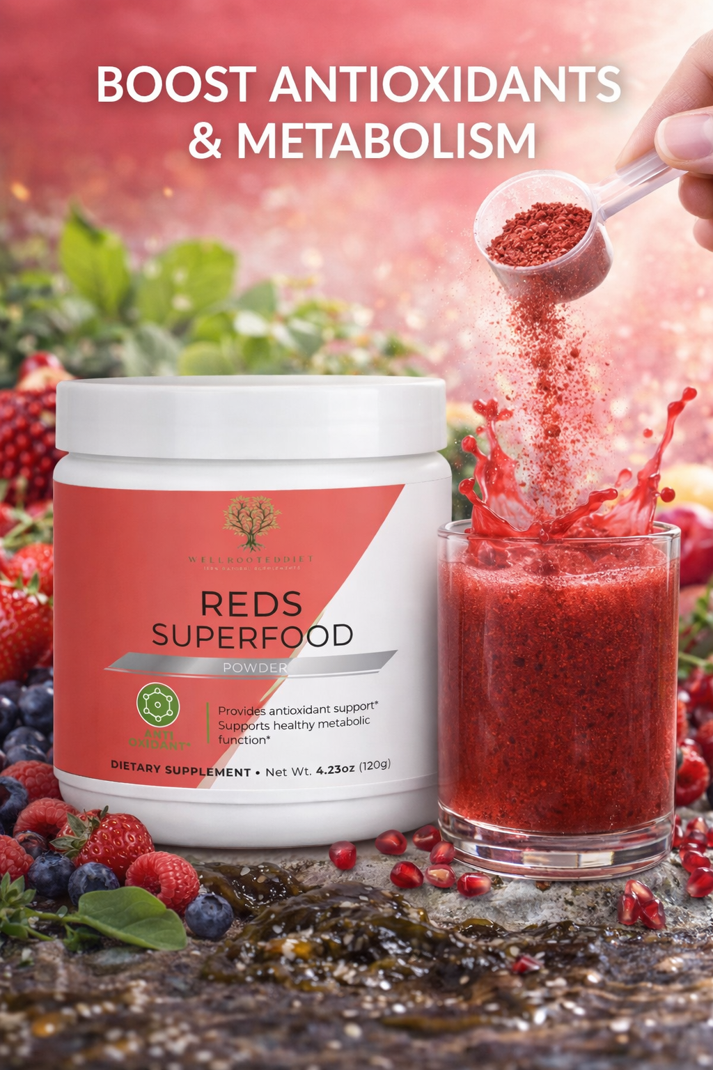 Superfood powder container with a spoonful being poured into a glass of red smoothie, surrounded by fresh berries.