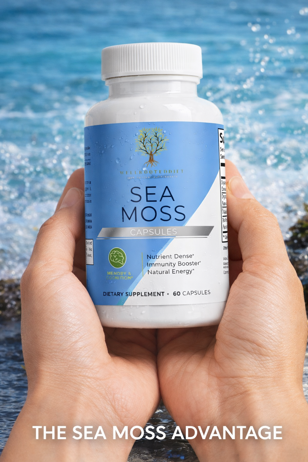 Hand holding a bottle of Sea Moss capsules with a blue ocean background