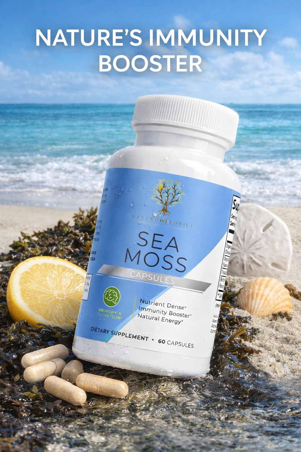 Sea moss capsules with lemon and stones on a beach