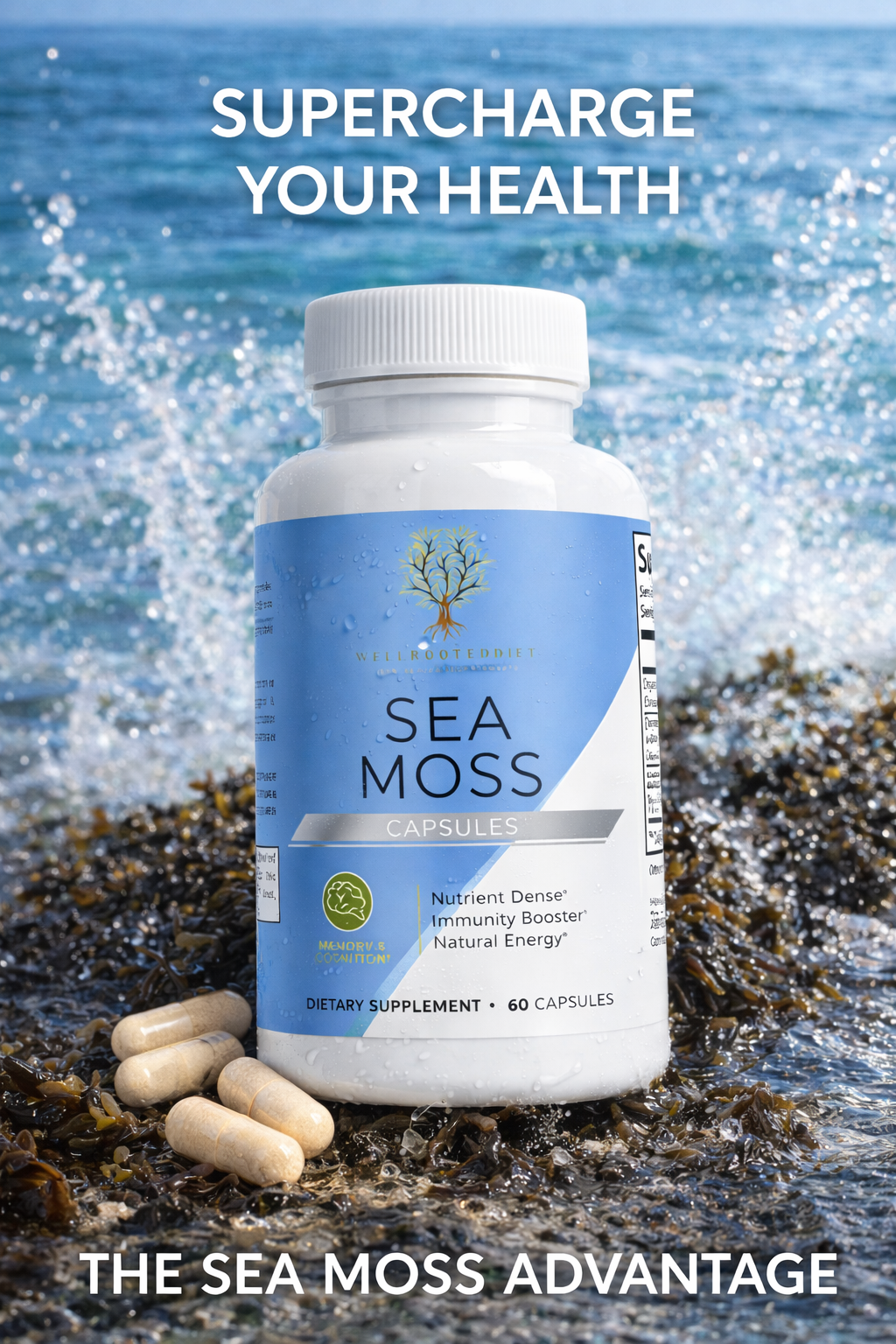 Sea moss capsules with ocean background and text 'Supercharge Your Health'