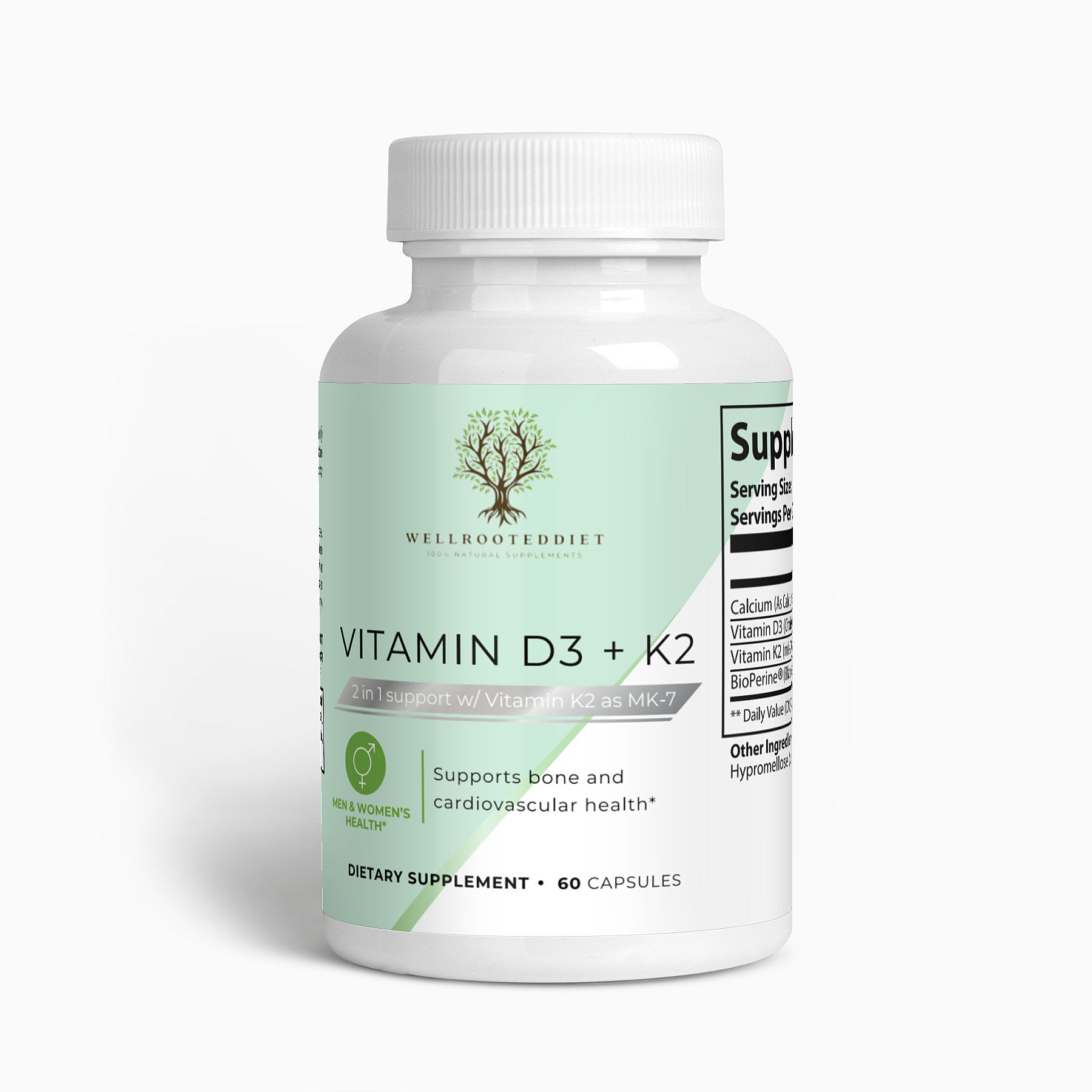 A bottle of 'Wellrooted Vitamin D3 + K2' dietary supplement with 60 capsules, supporting bone and cardiovascular health.