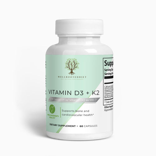 A bottle of 'Wellrooted Vitamin D3 + K2' dietary supplement with 60 capsules, supporting bone and cardiovascular health.