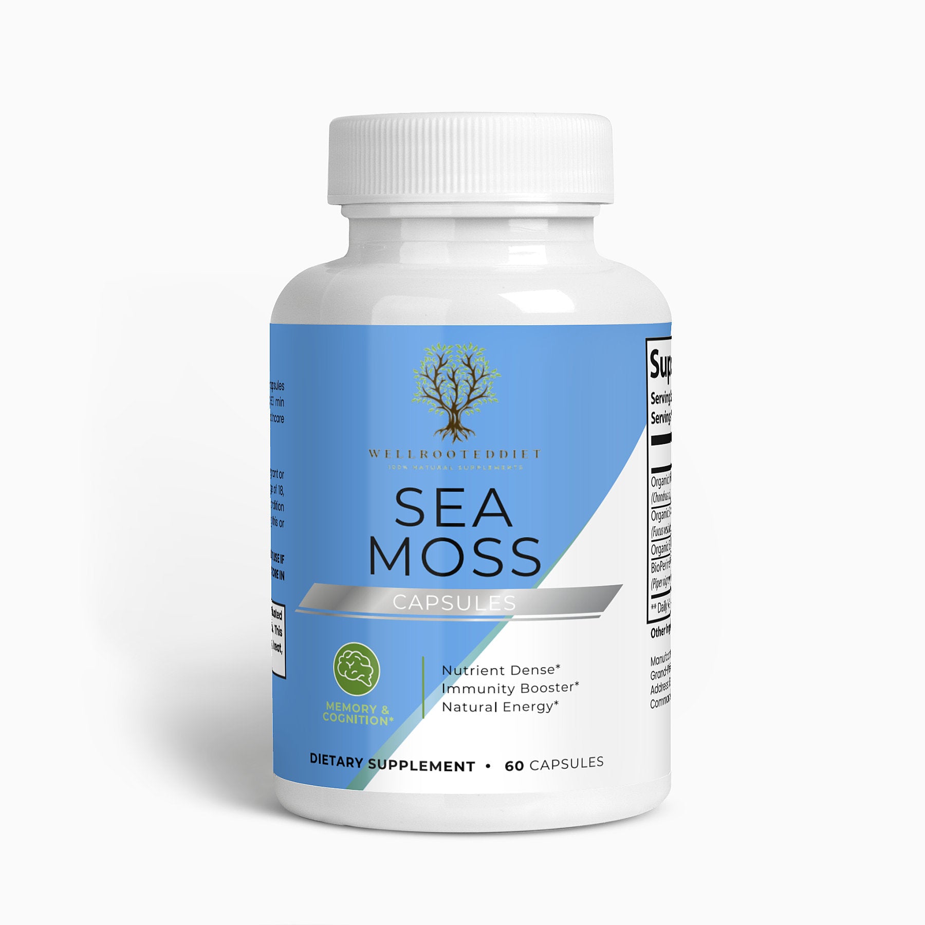 A bottle of 'Sea Moss' capsules by Wellrooted, with the label showing the product name and a tree graphic. It states it contains 60 capsules and is a dietary supplement.