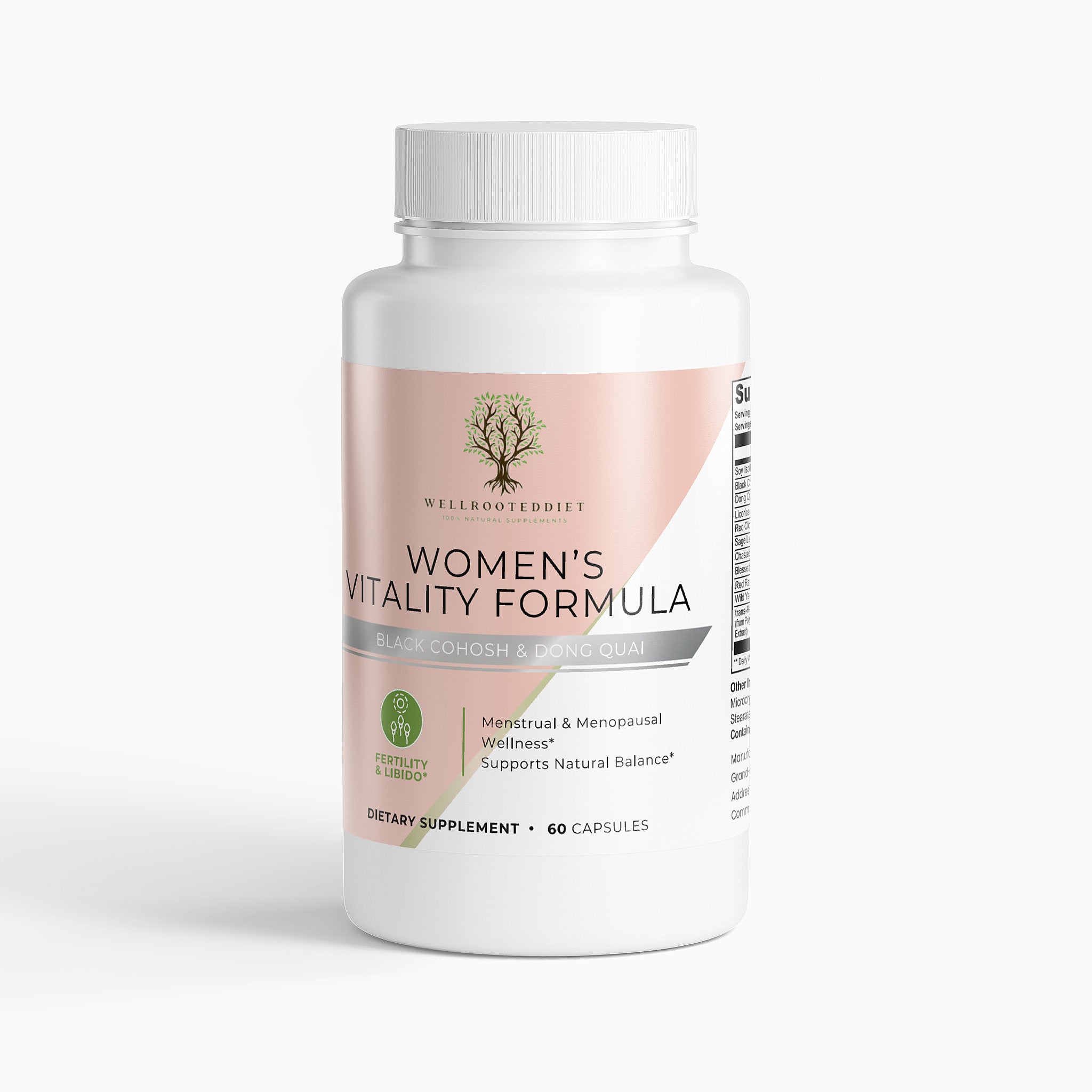 Supplement bottle labeled 'Women's Vitality Formula' on a white background
